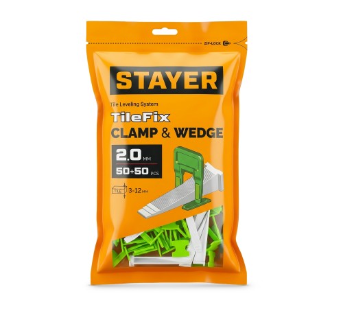 STAYER СВП TileFix, комплект: 2,0 мм, зажим + клин, 50 + 50 шт, система выравнивания плитки ″ворота″ (33843-H50)