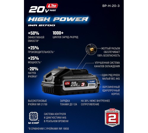 ЗУБР High Power, 20 В, 3.0 А·ч, аккумулятор LMS, ПРОФЕССИОНАЛ (BP-H-20-3)