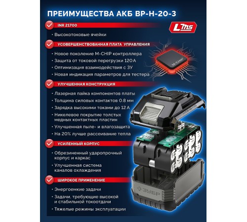 ЗУБР High Power, 20 В, 3.0 А·ч, аккумулятор LMS, ПРОФЕССИОНАЛ (BP-H-20-3)