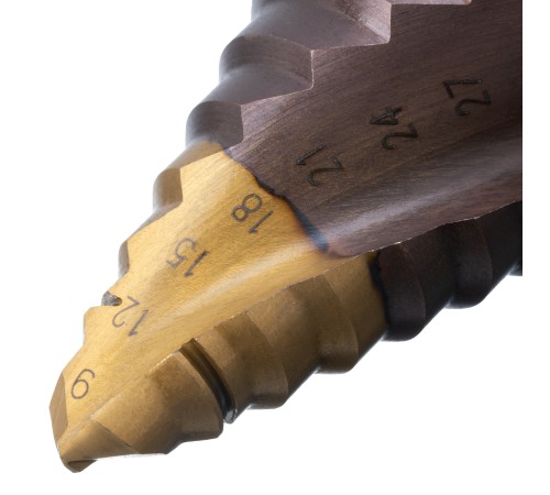 Сверло ступенчатое, 9-12-15-18-21-24-27-30-33-36 мм, Р6М5К5, 6-гр. хвостовик Denzel