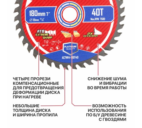 Диск пильный по дереву P.I.T. ACTW14-180T40