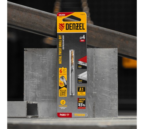Сверло спиральное по металлу 4 x 75мм, Р6М5, Golden Tip, многогранная заточка Denzel