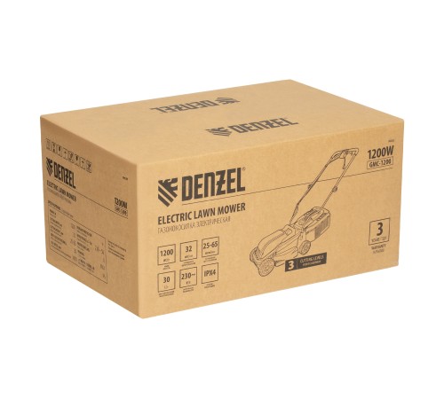 Газонокосилка электрическая GMC-1200, шир.,32см, 1200 Вт, 3 уров., травосб. 30 л Denzel