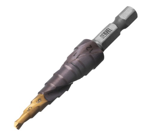 Сверло ступенчатое 4-5-6-7-8-9-10-11-12 мм, Р6М5К5, 6-гр. хвостовик Denzel