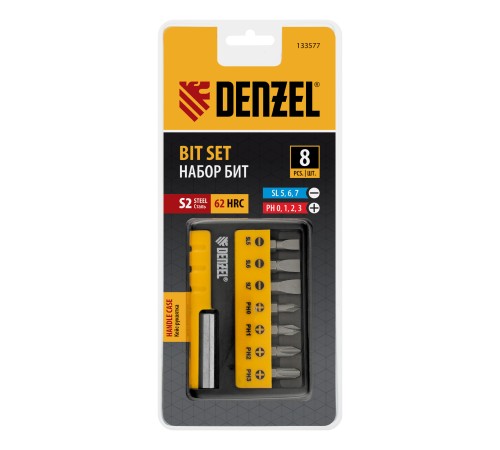 Набор бит с магнитным держателем, S2, 8 шт Denzel