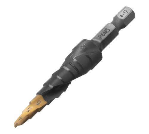 Сверло ступенчатое 4-5-6-7-8-9-10-11-12 мм, Р6М5, 6-гр. хвостовик Denzel