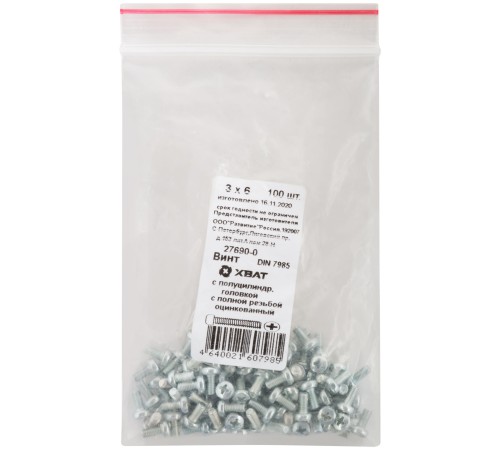 Винт с полуцилиндрич. головкой с полной резьбой оцинков. DIN 7985 3х6 100 шт Фасовка