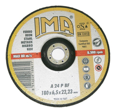 Абразивный шлифовальный диск IMA по металлу 180х6,6х22,23мм A24P изогнутый Абразивный шлифовальный диск IMA по металлу 180х6,6х22,23мм A24P изогнутый