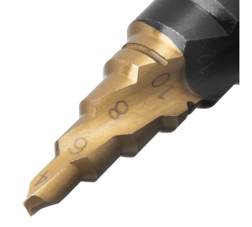 Сверло ступенчатое 4-6-8-10-12-14-16-18-20 мм, Р6М5, 6-гр. хвостовик Denzel