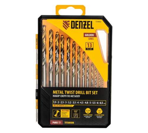 Набор сверл по металлу, 1,5-6,5мм, Р6М5-TiN, Golden Tip, 13 шт Denzel