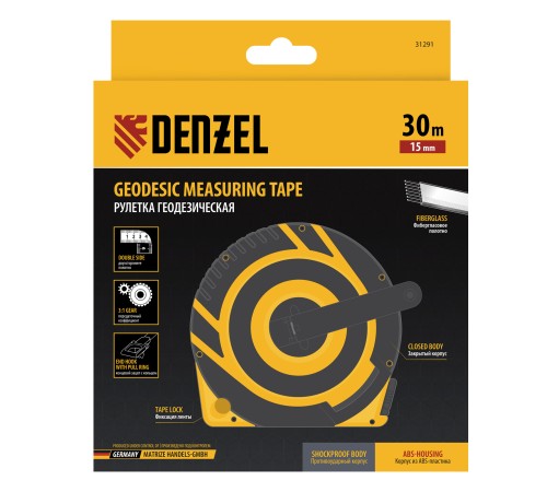 Рулетка геодезическая 30 м х 15 мм, закрытый корпус, фиберглассовая лента Denzel Рулетка геодезическая 30 м х 15 мм, закрытый корпус, фиберглассовая лента Denzel