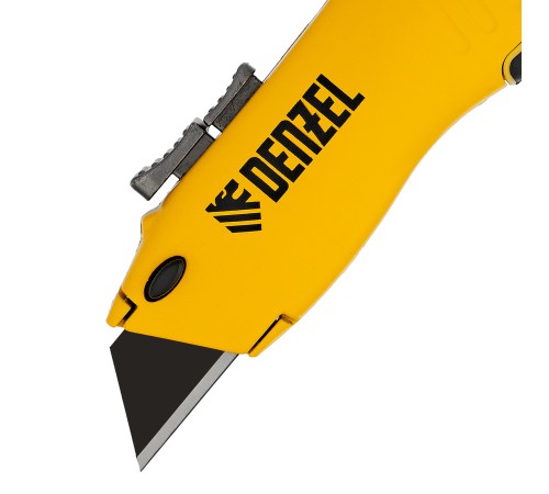 Нож, 19мм, сменное трапециевидное  лезвие, SK4, алюминиевый корпус, торцевой зажим Denzel