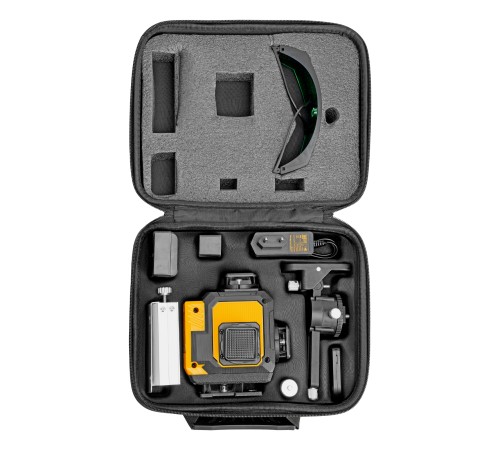 Лазерный уровень мультипризменный DLV 360-4T, 30 м, зеленый луч, Li-Ion 2,4 Aч, штатив Denzel