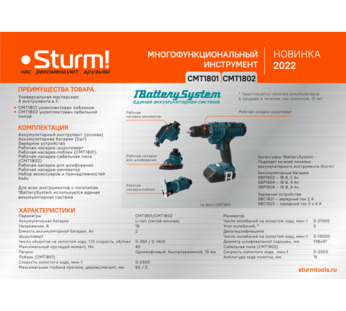 Аккумуляторный шуруповерт-мультитул 4в1 Sturm! CMT1801 1BatterySystem Аккумуляторный шуруповерт-мультитул 4в1 Sturm! CMT1801 1BatterySystem
