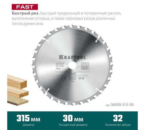 KRAFTOOL Fast, 315 х 30 мм, 32Т, пильный диск по дереву (36950-315-30) KRAFTOOL Fast, 315 х 30 мм, 32Т, пильный диск по дереву (36950-315-30)
