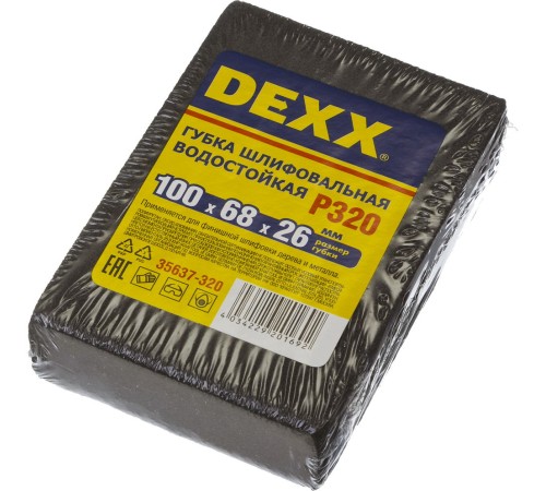 DEXX 100х68х26мм, Р320, четырехсторонняя, AL2O3 средняя жесткость, губка шлифовальная 35637-320 DEXX 100х68х26мм, Р320, четырехсторонняя, AL2O3 средняя жесткость, губка шлифовальная 35637-320