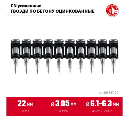 ЗУБР CN усиленные 22 х 3.05 мм, гвозди по бетону оцинкованные, 1000 шт (305387-22)