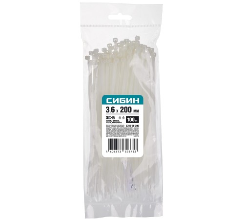 СИБИН 200х3.6 мм, 100 шт, хомуты нейлоновые белые 3786-36-200
