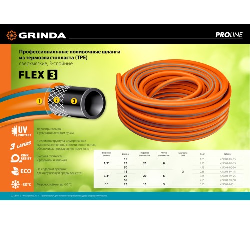 GRINDA FLEX 3, 3/4″, 25 м, 20 атм, из термоэластопласта, трёхслойный, армированный, гибкий, поливочный шланг, PROLine (429008-3/4-25)