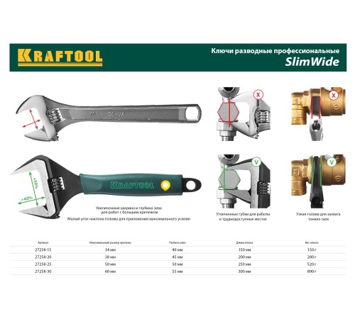 KRAFTOOL 250/50 мм, Cr-V, ключ разводной, SlimWide 27258-25 KRAFTOOL 250/50 мм, Cr-V, ключ разводной, SlimWide 27258-25