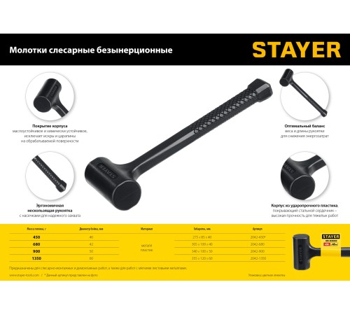 STAYER 900 г, 50 мм, облитый эластомером, безынерционный молоток 2042-900 STAYER 900 г, 50 мм, облитый эластомером, безынерционный молоток 2042-900