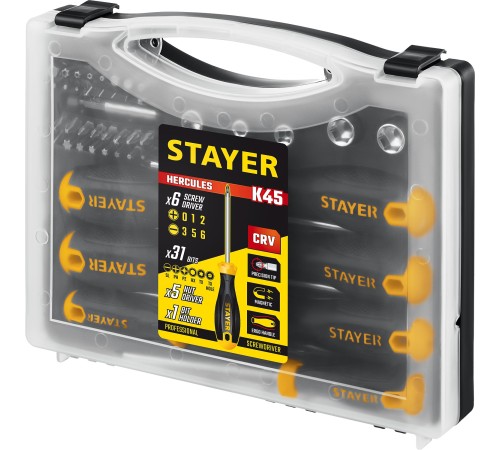 STAYER ProTech, 32 предм., набор отверток с насадками, Professional (25134-H18) STAYER ProTech, 32 предм., набор отверток с насадками, Professional (25134-H18)