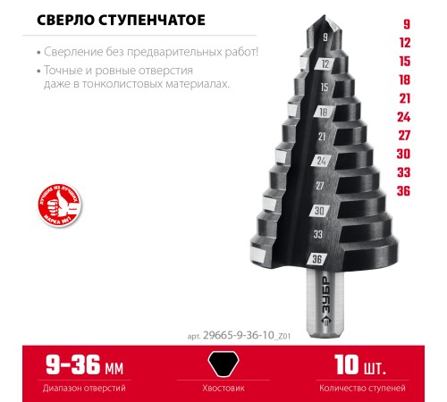 ЗУБР 9-36мм, 10 ступеней, сверло ступенчатое (29665-9-36-10) ЗУБР 9-36мм, 10 ступеней, сверло ступенчатое (29665-9-36-10)