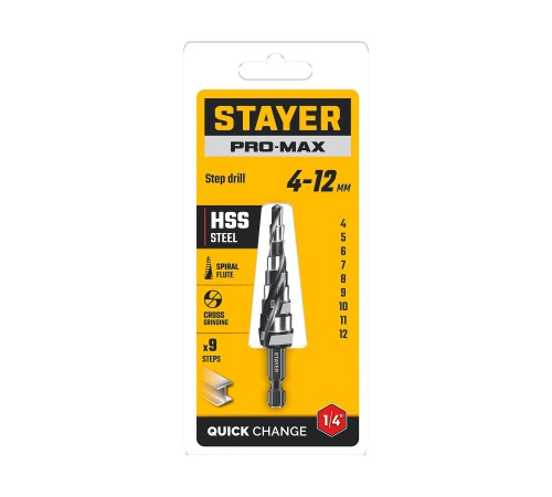 STAYER Pro-Max 4-12мм, 9 ступеней, винтовая спираль, сверло ступенчатое (29661-4-12-9) STAYER Pro-Max 4-12мм, 9 ступеней, винтовая спираль, сверло ступенчатое (29661-4-12-9)