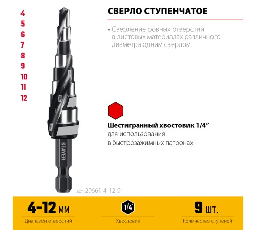 STAYER Pro-Max 4-12мм, 9 ступеней, винтовая спираль, сверло ступенчатое (29661-4-12-9) STAYER Pro-Max 4-12мм, 9 ступеней, винтовая спираль, сверло ступенчатое (29661-4-12-9)
