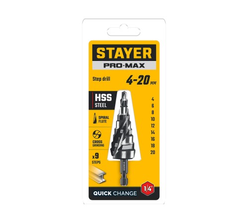 STAYER Pro-Max 4-20мм, 9 ступеней, винтовая спираль, сверло ступенчатое (29661-4-20-9) STAYER Pro-Max 4-20мм, 9 ступеней, винтовая спираль, сверло ступенчатое (29661-4-20-9)