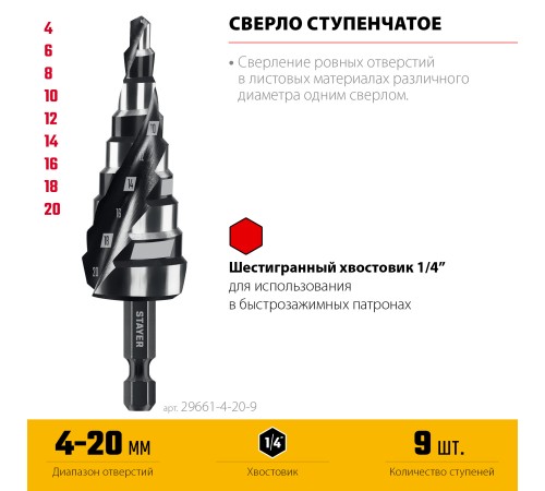 STAYER Pro-Max 4-20мм, 9 ступеней, винтовая спираль, сверло ступенчатое (29661-4-20-9) STAYER Pro-Max 4-20мм, 9 ступеней, винтовая спираль, сверло ступенчатое (29661-4-20-9)