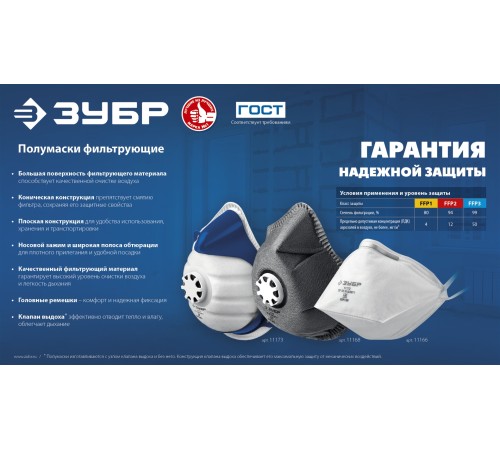 ЗУБР класс защиты FFP1, плоская, фильтрующая полумаска с клапаном выдоха (11166) ЗУБР класс защиты FFP1, плоская, фильтрующая полумаска с клапаном выдоха (11166)