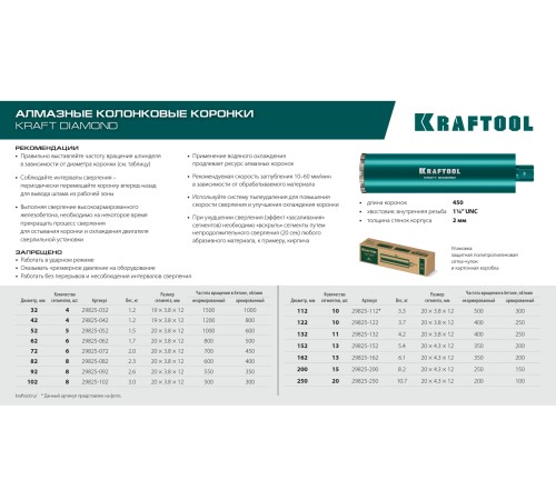 KRAFTOOL DIAMOND 42 мм (450 мм, 1 1/4″, лазерная сварка сегментов), Алмазная Коронка по железобетону (29825-042)