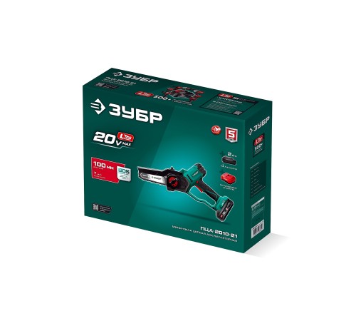 ЗУБР 20 В, 100 мм шина, 1 АКБ LMS (2 Ач), мини-пила цепная аккумуляторная (ПЦА-2010-21)