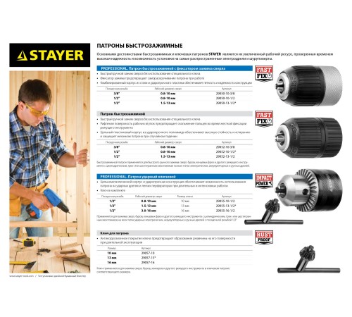 STAYER 10 мм, 3/8″, быстрозажимной патрон для дрели, Professional (29050-10-3/8)