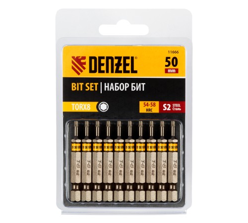 Бита TX 8х50, сталь S2, шестигранный профиль, 10 шт. Е 6,3 Denzel
