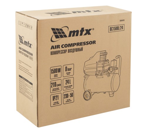 Компрессор воздушный DC1500L/24, 1,5 кВт, 24 л, 210 л/мин MTX Компрессор воздушный DC1500L/24, 1,5 кВт, 24 л, 210 л/мин MTX