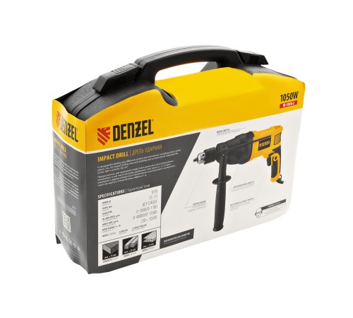 Дрель ударная ID-1050-2, 1050 Вт, 0-3000/0-1100 об/мин, 0-48000/0-17600 уд/мин, 2 скорости Denzel