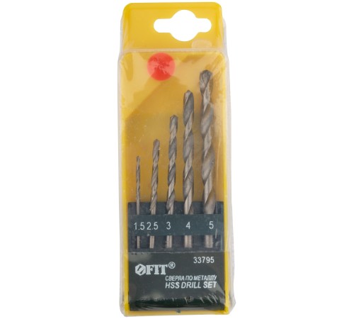 Набор сверл по металлу HSS полированных, 5 шт. (1,5-2,5-3-4-5 мм) FIT IT Набор сверл по металлу HSS полированных, 5 шт. (1,5-2,5-3-4-5 мм) FIT IT