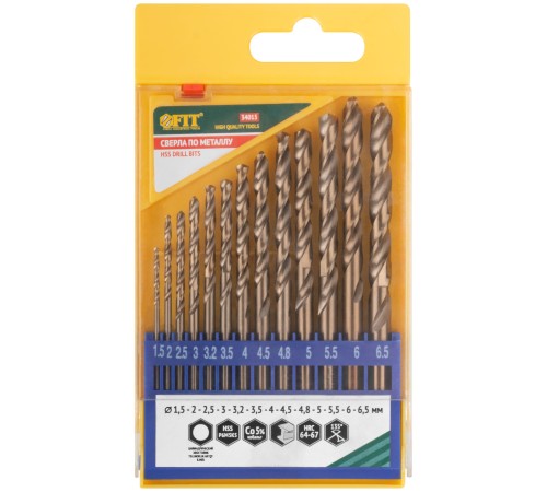 Набор сверл HSS по металлу с добавкой кобальта 5%, 13 шт. (1,5-2-2,5-3-3,2-3,5-4-4,5-4,8-5-5,5-6-6,5 мм) FIT HQ Набор сверл HSS по металлу с добавкой кобальта 5%, 13 шт. (1,5-2-2,5-3-3,2-3,5-4-4,5-4,8-5-5,5-6-6,5 мм) FIT HQ