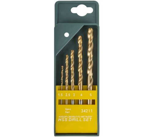 Набор сверл HSS по металлу, титановое покрытие,  5 шт. (1,5-2,5-3-4-5 мм) FIT IT Набор сверл HSS по металлу, титановое покрытие,  5 шт. (1,5-2,5-3-4-5 мм) FIT IT