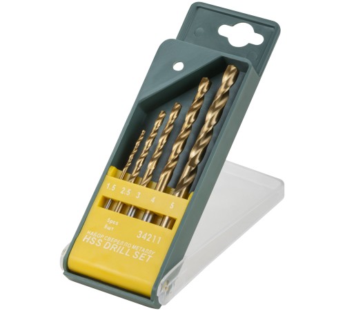 Набор сверл HSS по металлу, титановое покрытие,  5 шт. (1,5-2,5-3-4-5 мм) FIT IT Набор сверл HSS по металлу, титановое покрытие,  5 шт. (1,5-2,5-3-4-5 мм) FIT IT