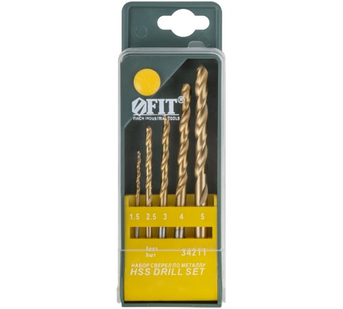 Набор сверл HSS по металлу, титановое покрытие,  5 шт. (1,5-2,5-3-4-5 мм) FIT IT Набор сверл HSS по металлу, титановое покрытие,  5 шт. (1,5-2,5-3-4-5 мм) FIT IT