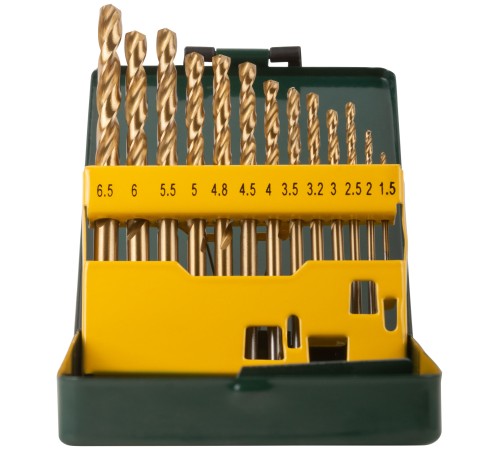 Набор сверл HSS по металлу, титановое покрытие, 13 шт. (1,5-6,5 мм), металлический бокс FIT IT Набор сверл HSS по металлу, титановое покрытие, 13 шт. (1,5-6,5 мм), металлический бокс FIT IT