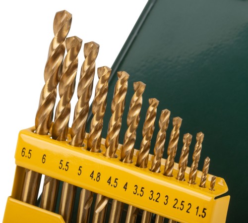 Набор сверл HSS по металлу, титановое покрытие, 13 шт. (1,5-6,5 мм), металлический бокс FIT IT Набор сверл HSS по металлу, титановое покрытие, 13 шт. (1,5-6,5 мм), металлический бокс FIT IT
