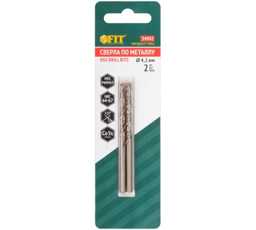 Сверла по металлу HSS с добавкой кобальта 5% Профи в блистере  4,2 мм ( 2 шт.) FIT HQ Сверла по металлу HSS с добавкой кобальта 5% Профи в блистере  4,2 мм ( 2 шт.) FIT HQ
