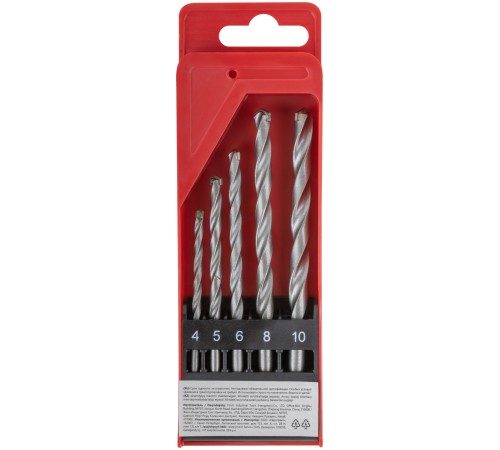 Набор сверл победитовых ударных, цилиндрический хвостовик, 5 шт. (4-5-6-8-10 мм) КУРС