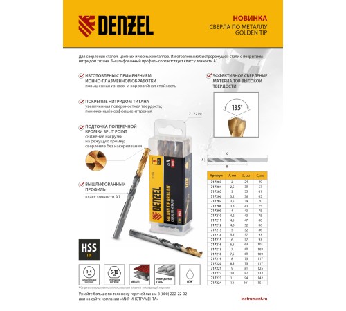 Сверло по металлу, 2 мм, HSS-Tin, Golden Tip, 10 шт. Denzel