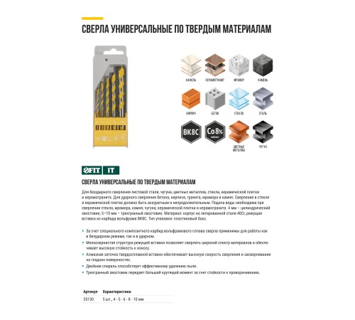 Набор сверл универсальных, 5 шт. (4-5-6-8-10 мм) FIT IT