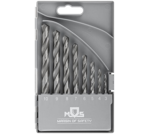 Набор сверл по металлу HSS, угол заточки 118°, пласт. кейс, 8 шт. (3-4-5-6-7-8-9-10мм) MOS Набор сверл по металлу HSS, угол заточки 118°, пласт. кейс, 8 шт. (3-4-5-6-7-8-9-10мм) MOS